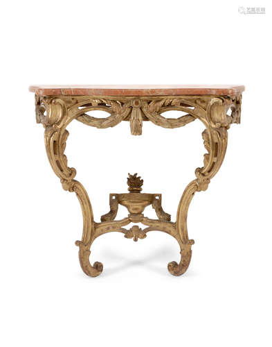 18th century A Italian Rococo Style Marble Top Giltwood Console