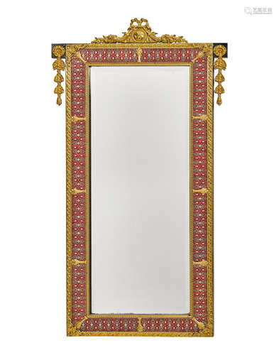 A Louis XVI style brass and bronze mounted part ebonized and enamel decorated mirror