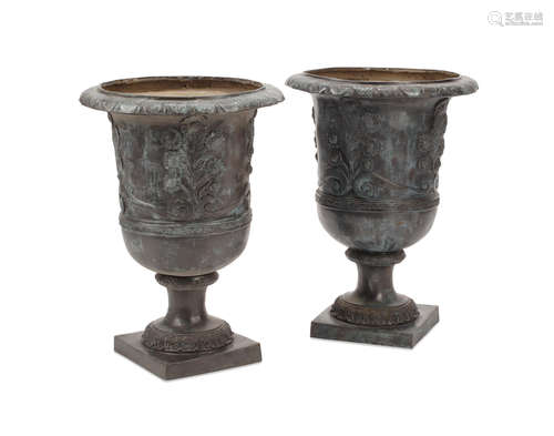 20th century A Pair of Neoclassical Style Patinated Bronze Garden Urns