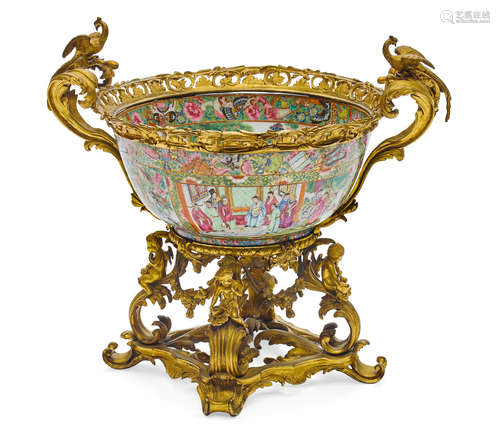 A Napoleon III gilt bronze mounted rose Canton porcelain punch bowl