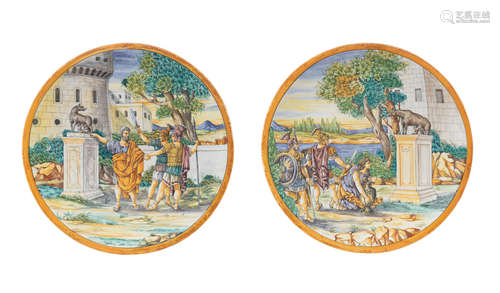 Early 20th century A pair of maiolica Istoriato chargers