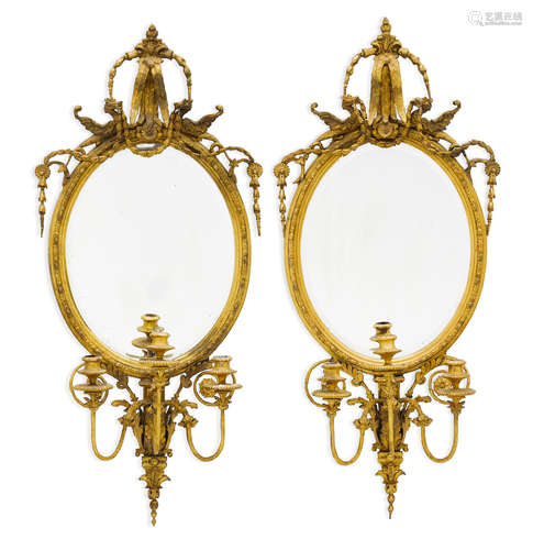 Third quarter 19th century A Pair of George III Style Gilt Gesso and Giltwood Three Light Girandole Mirrors,