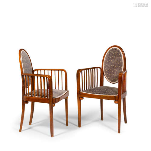 Early 20th centuryheight 39in (99cm); width 23in (58cm); depth 18in (46cm)  A Pair of Gustav Siegel for J & J Kohn Bent Beechwood and Upholstered Armchairs