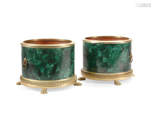 20th Century A Pair of Neoclassical Style Gilt Bronze Mounted Malachite Jardinieres