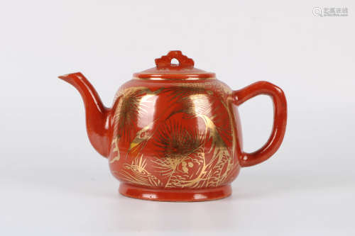 A Chinese Red Glazed Porcelain Tea Pot