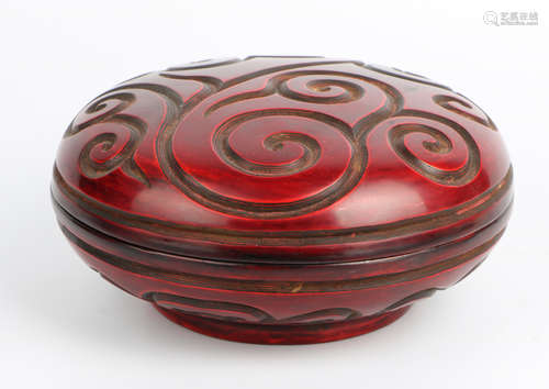 A Chinese Carved Tixi Lacquer Round Box with Cover