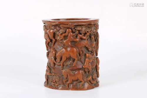 A Chinese Carved Huangyang Brush Pot