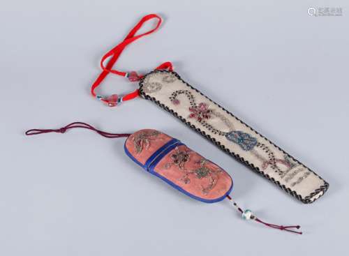 A Chinese Embroidery Fan and Glasses Case