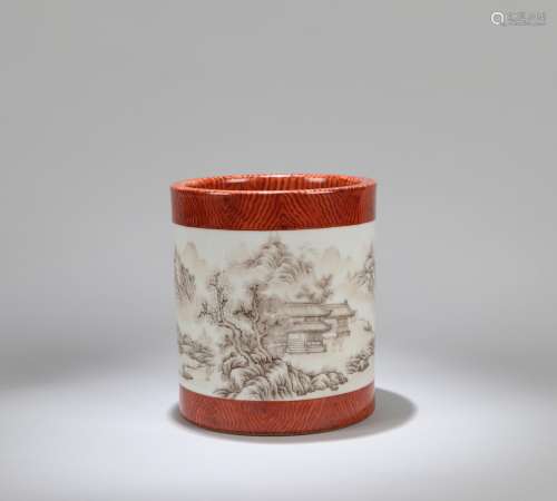 A Chinese Wood Pattern Glazed Porcelain Brush Pot