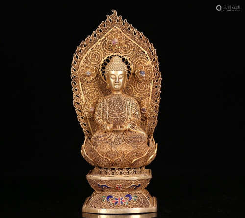 A GILT SILVER BUDDHA WITH ENAMELING AND EMBEDED WITH AGATE