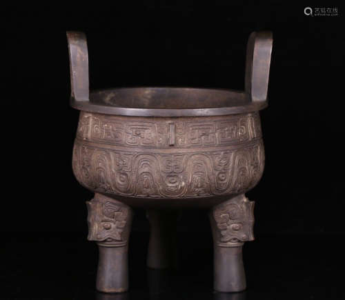 A BRONZE DOUBLE EAR CENSER WITH MARK AND THREE FOOT