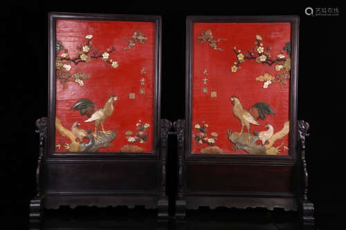 A ZITAN WOOD RED PAINT SCREEN EMBEDED WITH GEM FLORAL & ROOSTER DESIGN