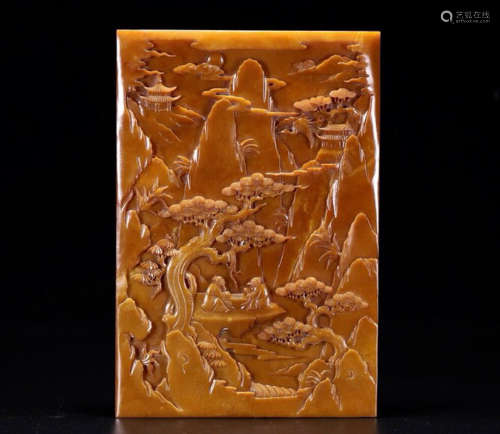 AN HETIAN JADE LANDSCAPE CHARACTER CARVED SQUARE BOARD