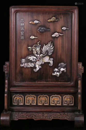 A RED WOOD SCREEN EMBEDED WITH LUODIAN SHELL AND SHOUSHAN STONE