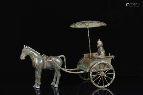 A BRONZE CARRIAGE WITH HORSE ORNAMENT