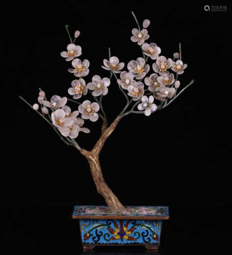 A CLOISONNE BONSAI WITH CRYSTAL AND GILT SILVER