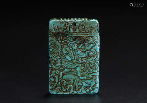 A TURQUOISE STONE CHARACTER STORY CARVED SQUARE PENDANT