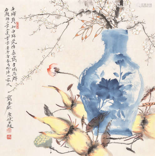 贾广健 壬午（2002） 白梅清供 设色纸本 托片