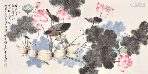 贾广健 庚寅（2010） 荷花小鸟 设色纸本 托片
