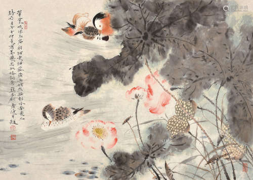 贾广健 壬午（2002） 荷花鸳鸯 设色纸本 软片