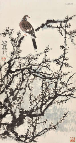 孙其峰 戊辰（1988） 梅花斑鸠 设色纸本 托片