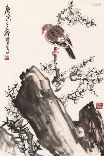 孙其峰 庚寅（2010） 白梅斑鸠 设色纸本 托片