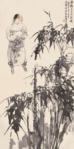 王明明、张立辰 甲申（2004） 板桥先生吟诗图 设色纸本 镜心