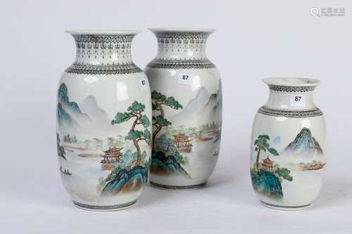 CHINE. Trois VASES en porcelaine à décor de paysag…