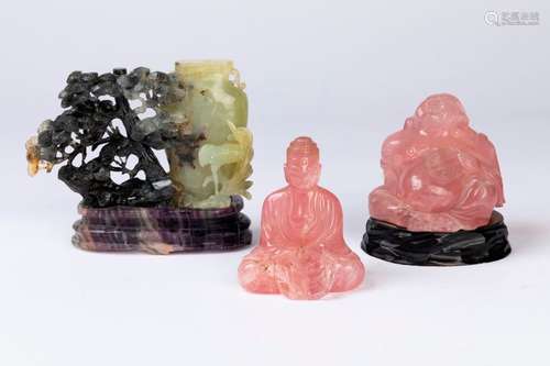 CHINE. Lot comprenant deux BOUDDHA en quartz rose …