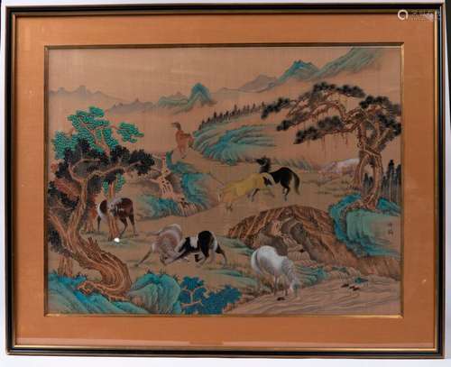 Ecole chinoise. Paysage animé de chevaux sauuvages…