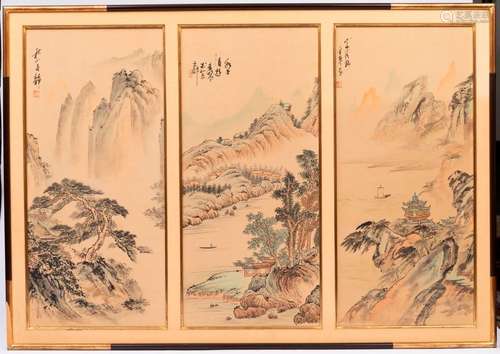 CHINE. Paysages lacustres, trois peintures sur soi…