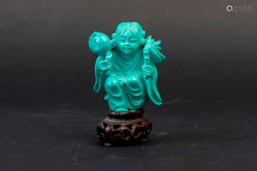 CHINE. SUJET en turquoise sculptée figurant un fem…