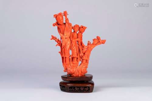 CHINE. BRANCHE de corail rouge orangée, sculptée e…