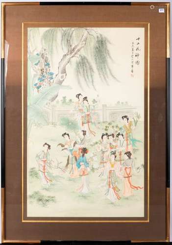 CHINE. Elégantes dans un jardin, peinture sur soie…