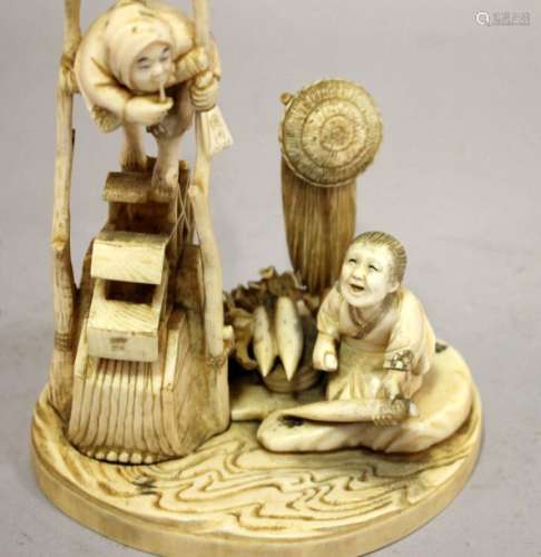 CHINE. SUJET en ivoire sculpté, gravé et patiné fi…