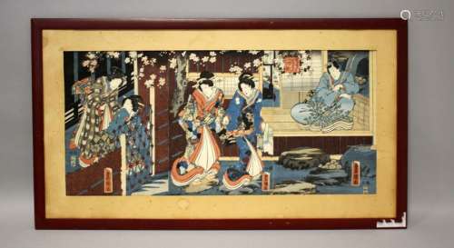 JAPON. Scène animée, estampe en couleur. 34 x 74 c…