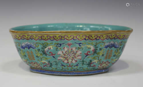 A Chinese famille rose enamelled turquoise ground porcelain bowl, mark of Daoguang and probably of