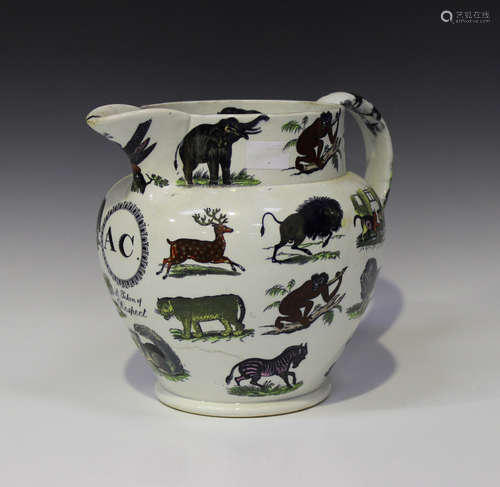 An Elsmore & Forster pottery jug, circa 1860, printed and coloured with a variety of animals,