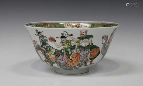 A Chinese famille verte porcelain bowl, Kangxi style but 19th century, of slightly flared steep-