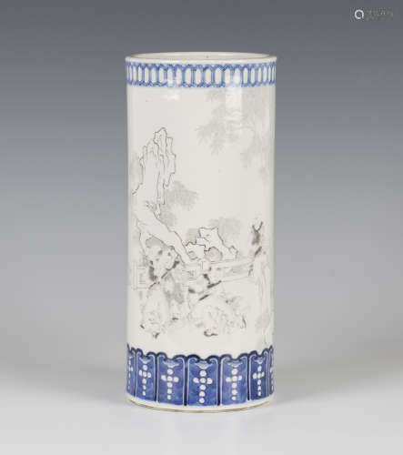 A Chinese incised and stained blue and white porcelain cylinder vase, late Qing dynasty, the body
