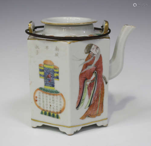 A Chinese famille rose enamelled porcelain hexagonal teapot and cover, mark of Daoguang but probably