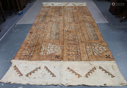 A large Tongan tapa cloth, South Seas, mid-20th century, decorated in natural pigments with bands of