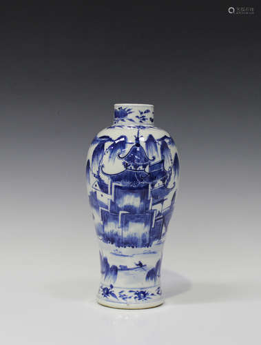 A Chinese blue and white porcelain vase, mark of Kangxi but late 19th century, the baluster body