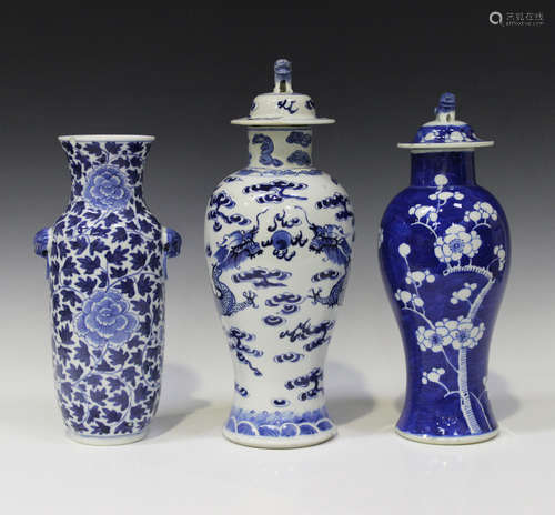 A Chinese blue and white porcelain baluster vase and cover, mark of Kangxi but late 19th century,