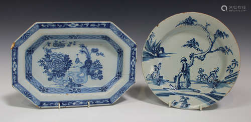 Two pieces of English Delft chinoiserie decorated blue and white pottery, mid-18th century, the