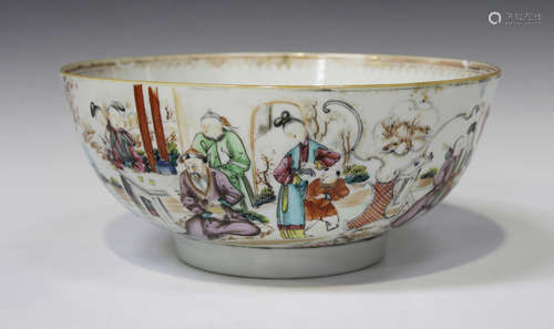 A Chinese famille rose export porcelain punch bowl, Qianlong period, the exterior painted with