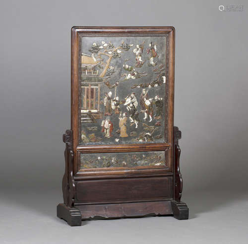 A Chinese hardwood and inlaid hardstone screen and stand, late Qing dynasty, the rectangular