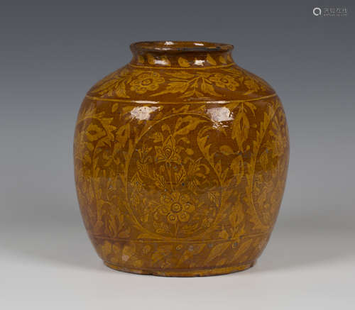 An unusual West Country slipware vase, 19th century, the jar shaped body decorated in yellow with