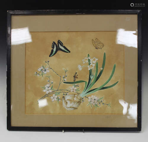 A Chinese export gouache painting on paper, early 19th century, depicting three butterflies hovering