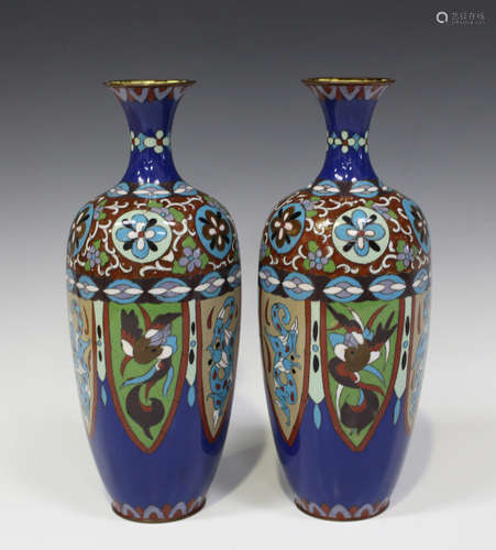 A pair of Japanese cloisonné enamel vases, Meiji period, each hexagonal tapered body decorated